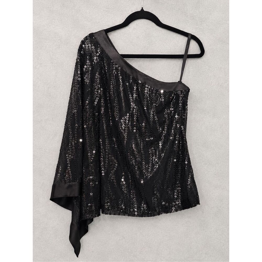 NueVa Womens 10 Black Sequin One Shoulder Top Asymmetrical Party Y2K Glam